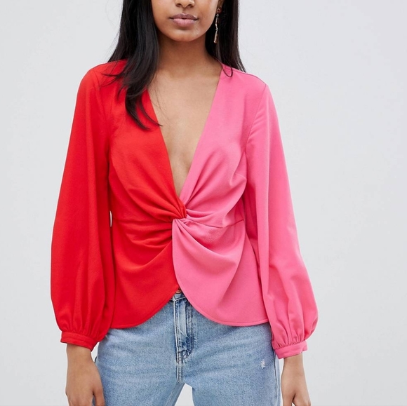 ASOS Design twist front color block long sleeve top - Picture 1 of 6